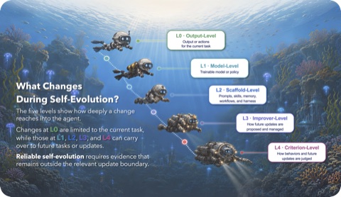 Five levels of reliable self-evolving agents from output to criterion evolution